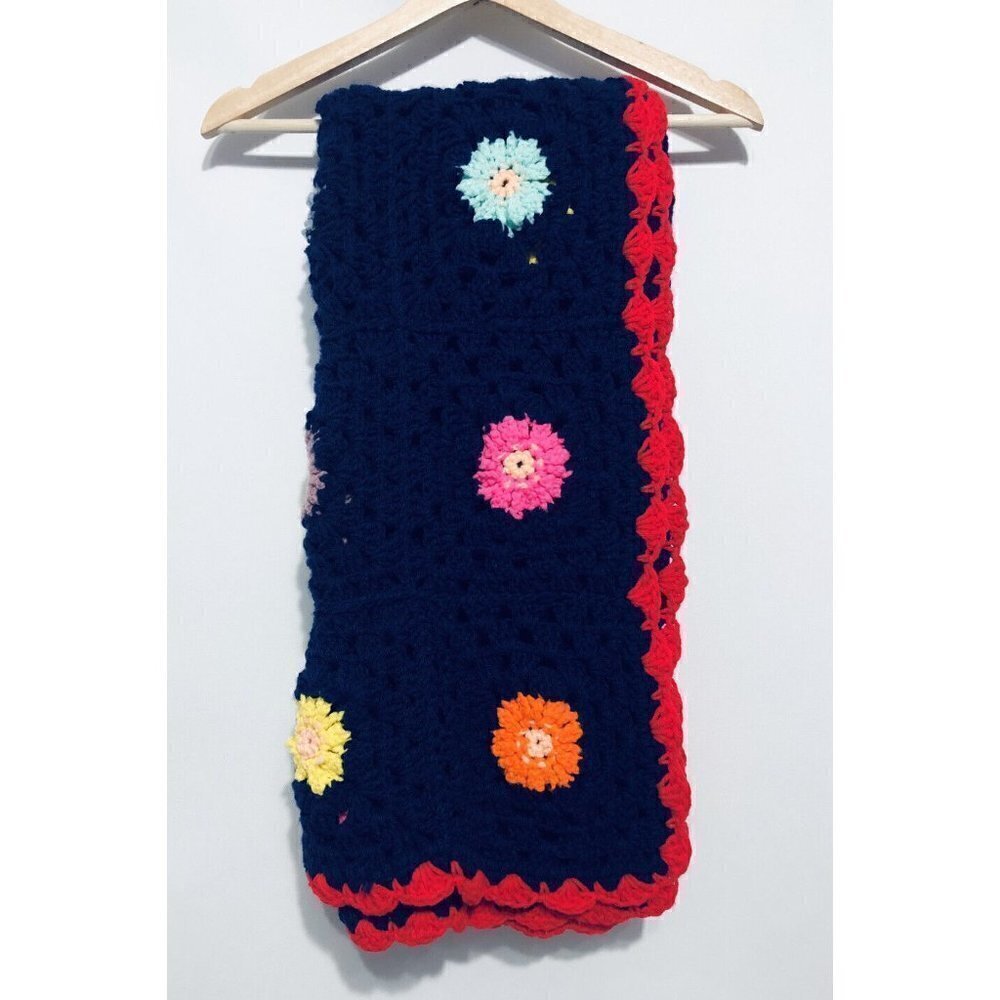 Crocheted Afghan Blanket 46" X 46" Granny Squares Wool Scalloped Hem Comfy